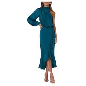 MITILLY Women's Blue Satin One-Shoulder Bodycon Mermaid Wrap Maxi
Dress L/ 0136